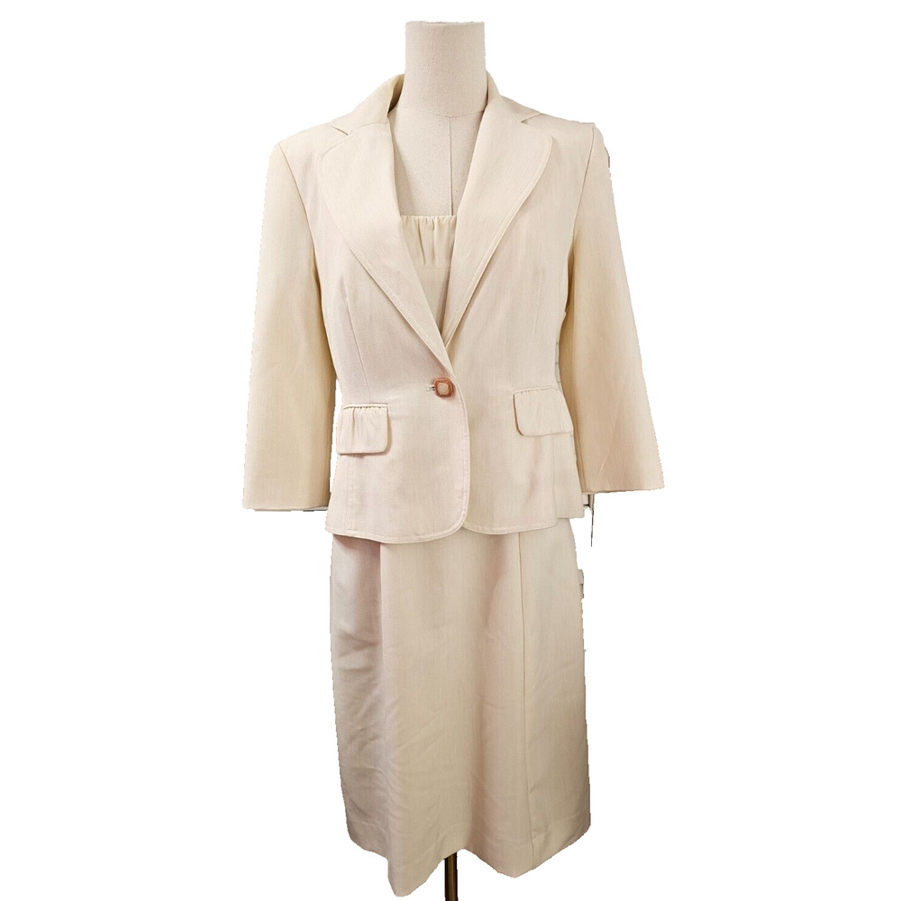 Signature Levine Ivory Cream 2 Pc Dress Suit Size 8 Tailored Jacket Sheath Dress